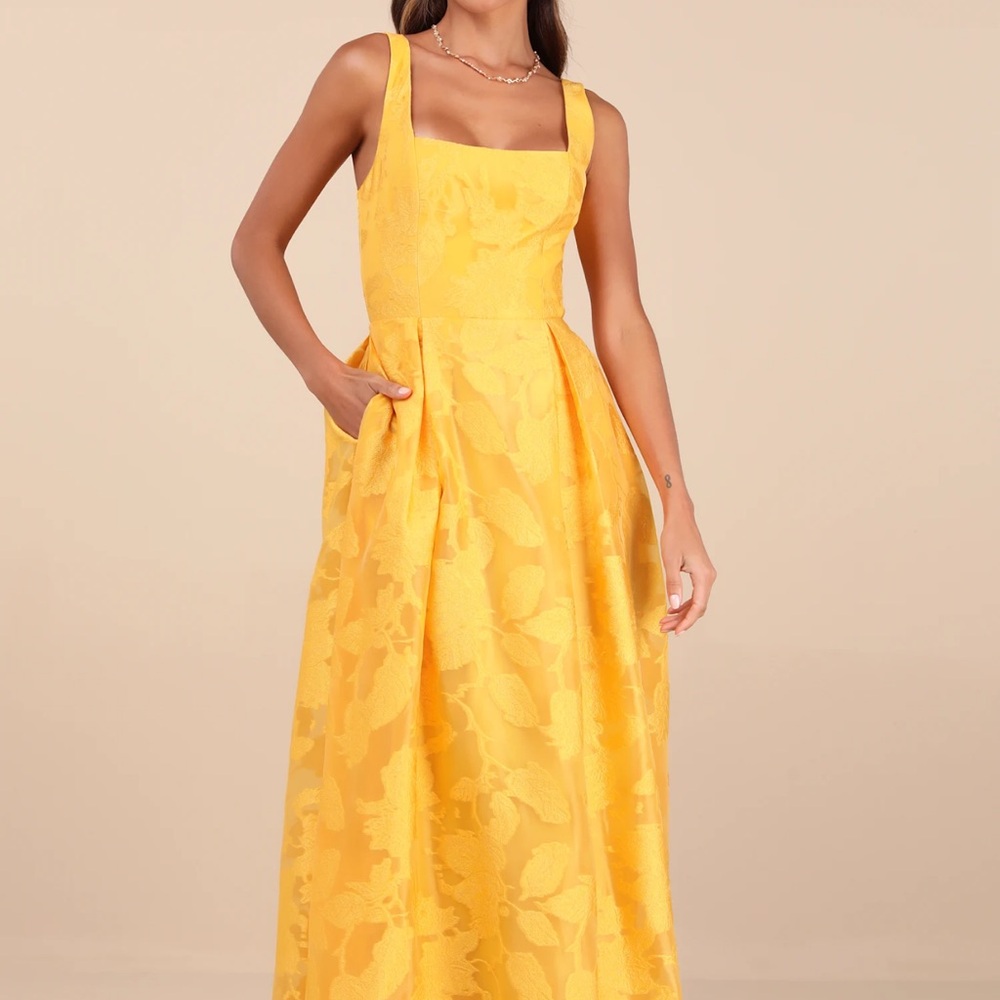 Perfected Aura Yellow Jacquard Tie-Back Maxi Dress with Pockets